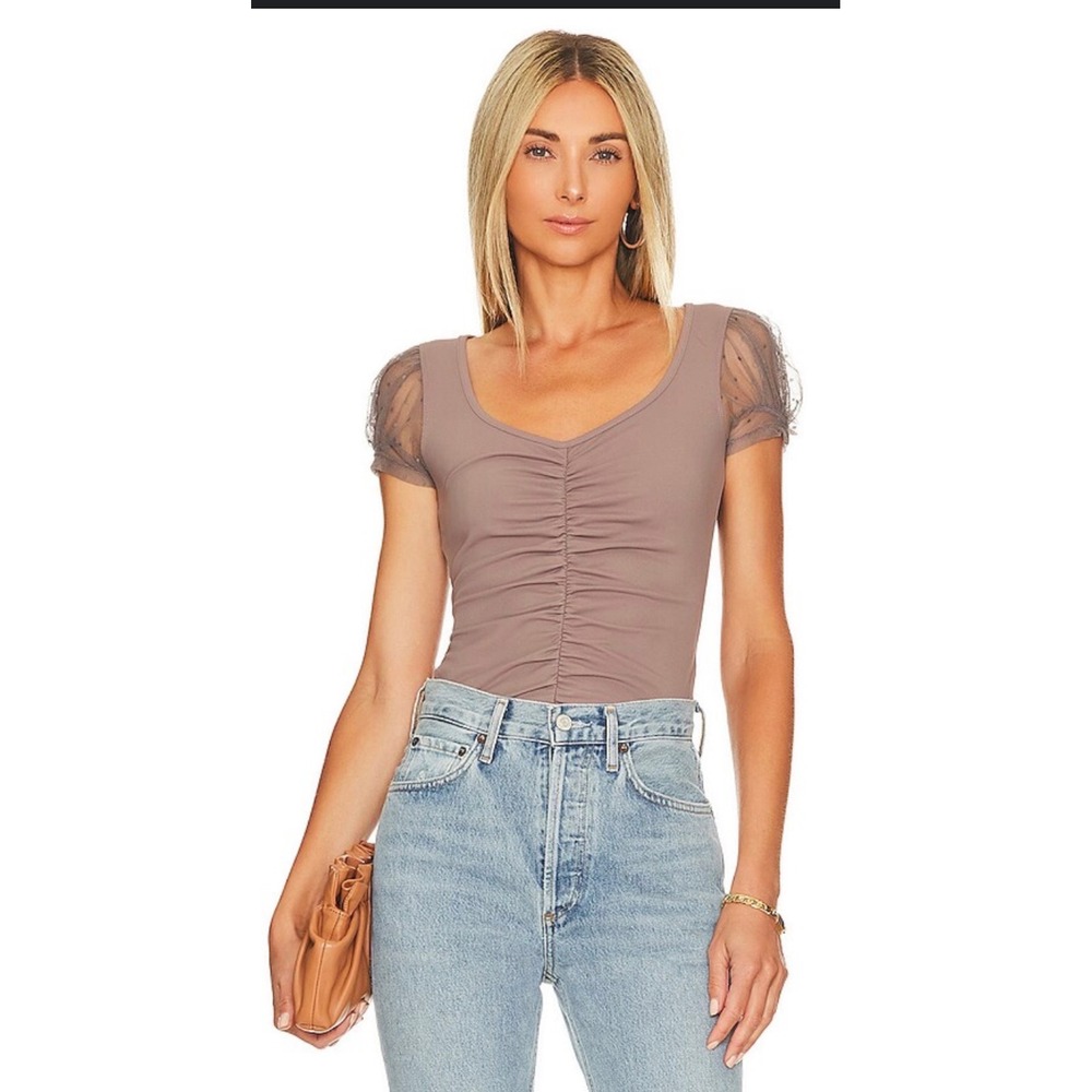 Intimately Free People Taupe Grey Ruched V-Neck Swiss Dot Mesh Puff Sleeve Top S